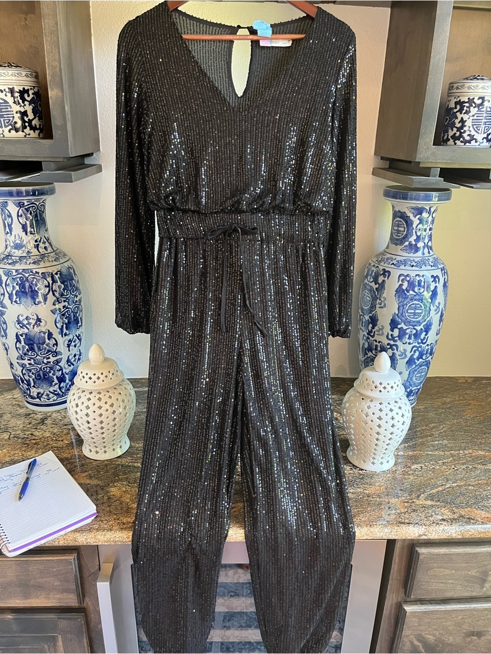 Mustard Seed Black Sequin Long-Sleeve V-Neck Jumpsuit, Small